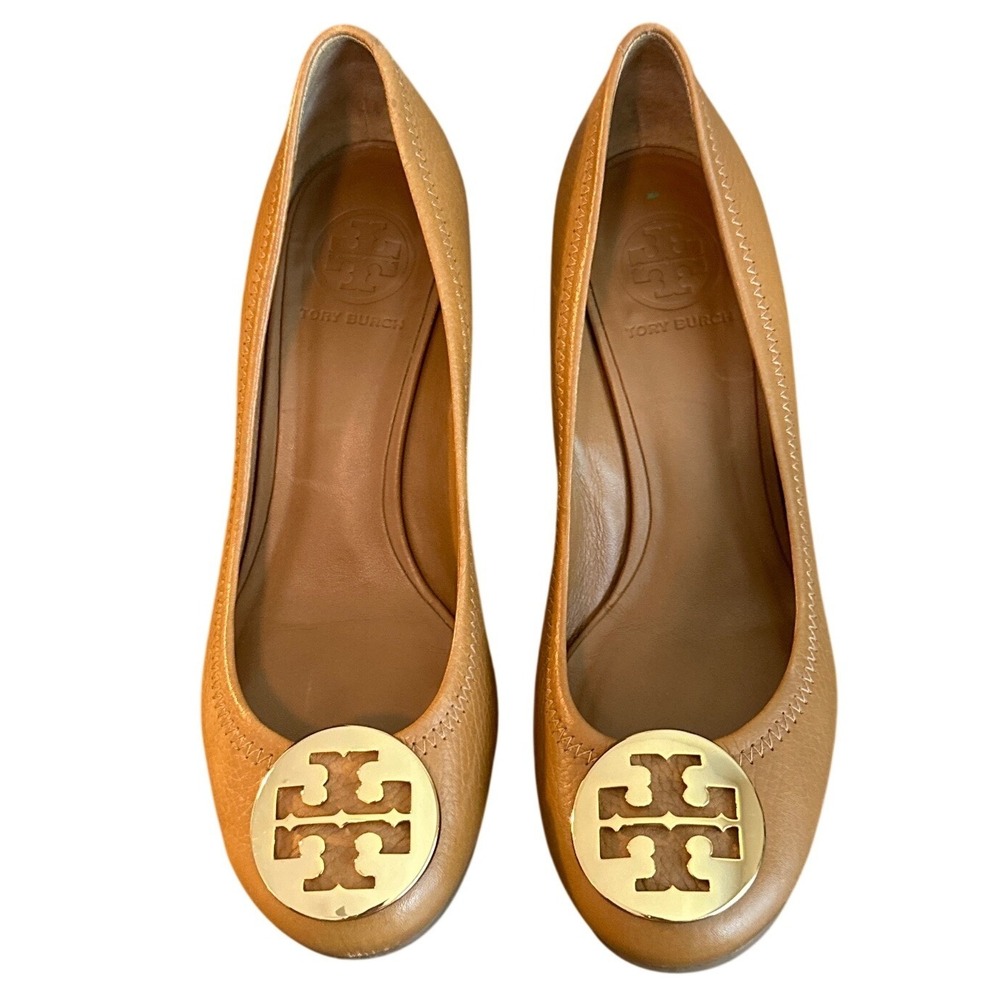 Tory Burch Sally 2 Wedge Pumps Tan Brown Leather Gold Logo Size 7